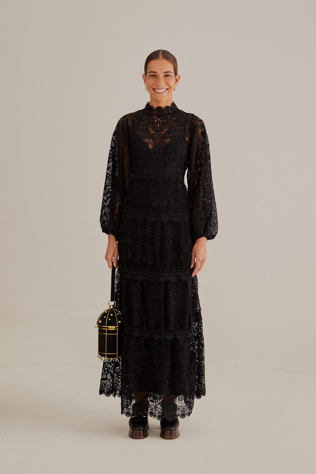 Black Guipure Long Sleeve Maxi Dress