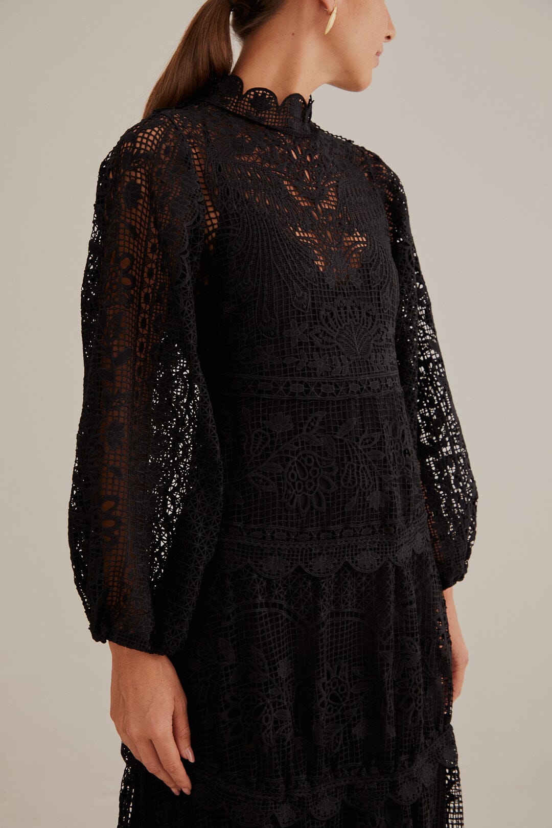 Black Guipure Long Sleeve Maxi Dress