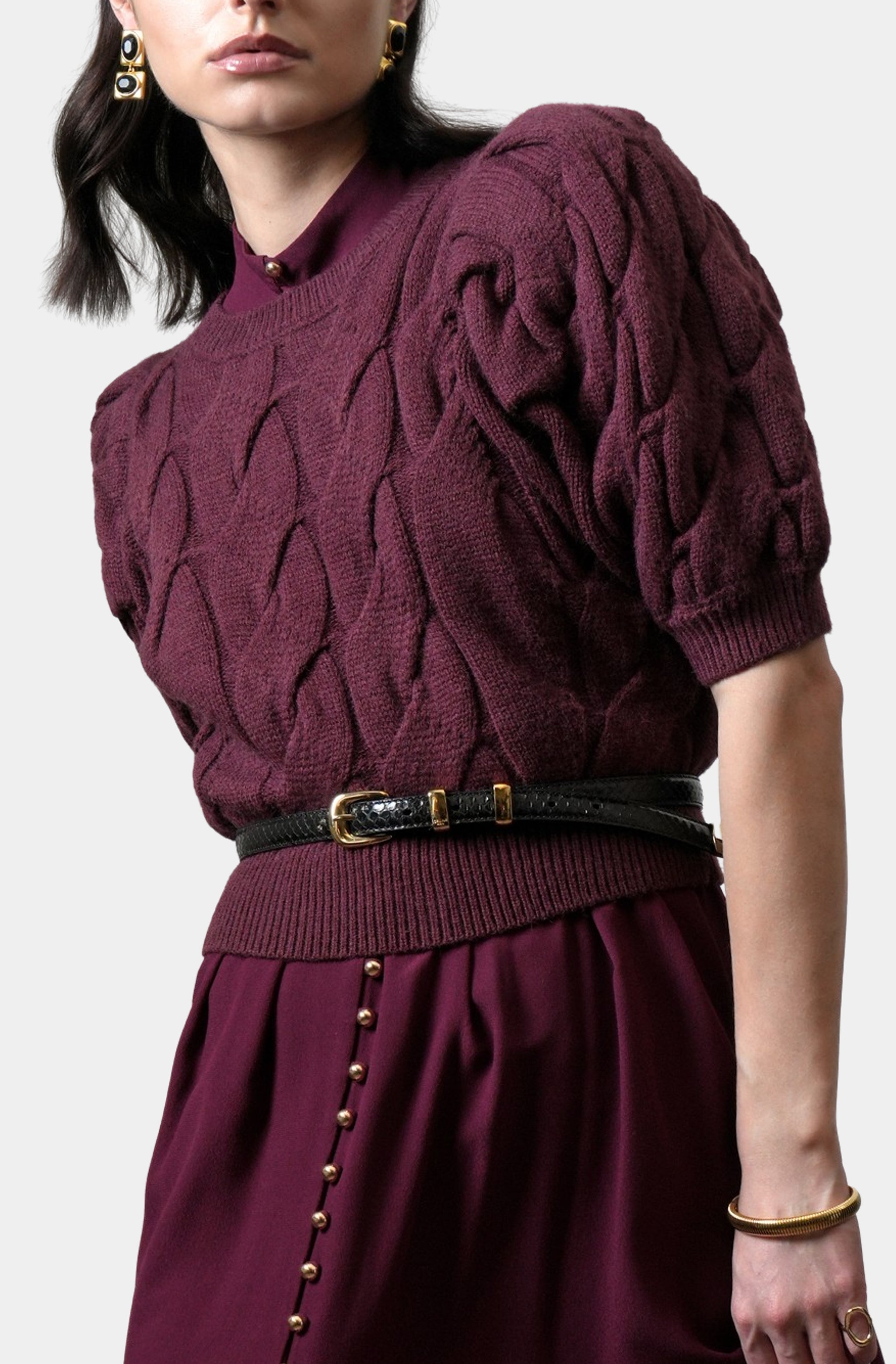 Hallie Cable Knit Puff Sleeve Sweater Top