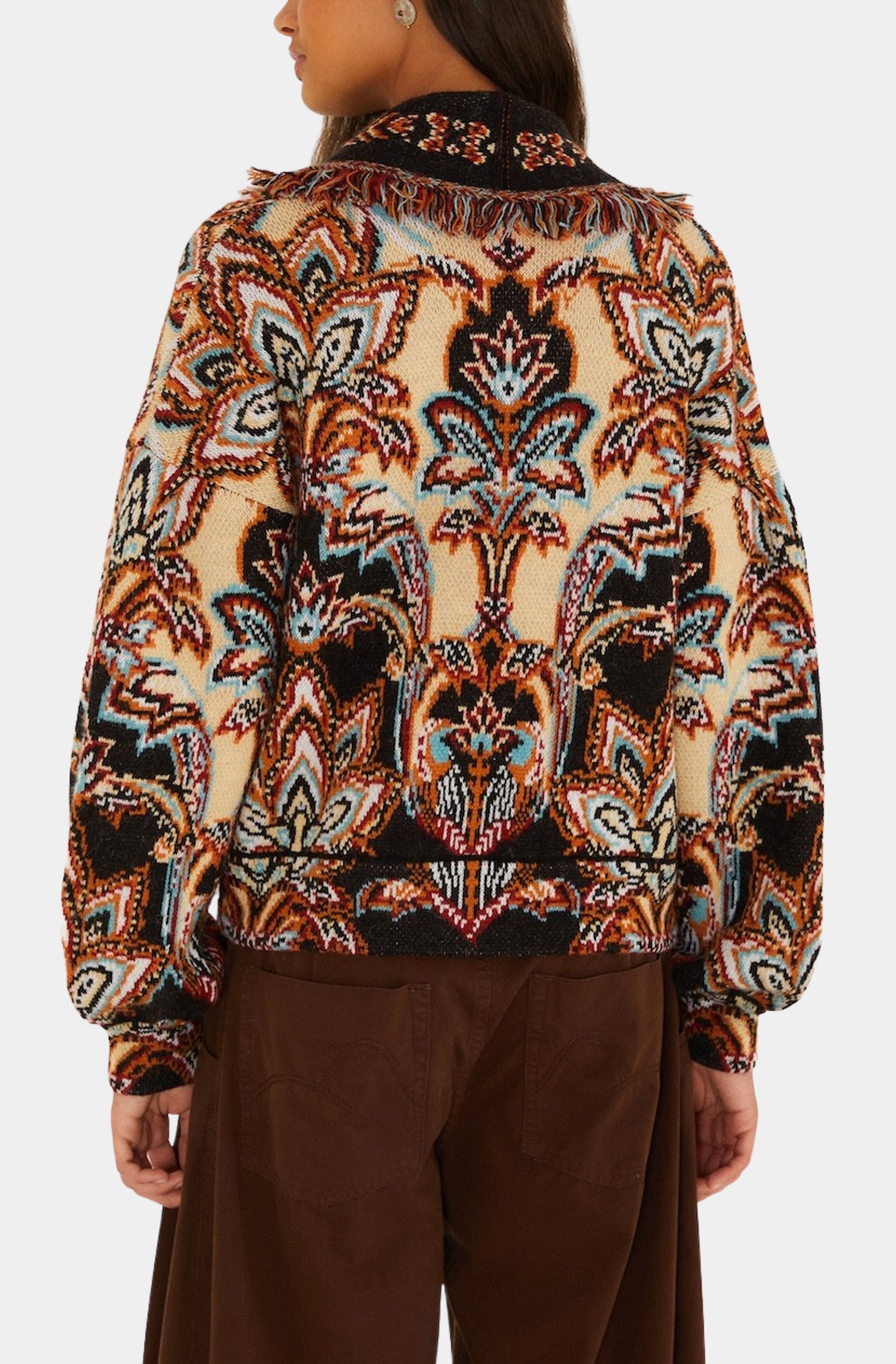Tapestry Knit Fringe Cardigan