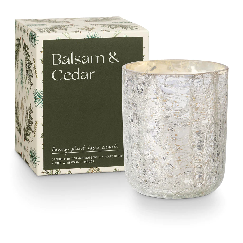 Balsa &amp; Cedar Small Boxed Crackle Glass Candle