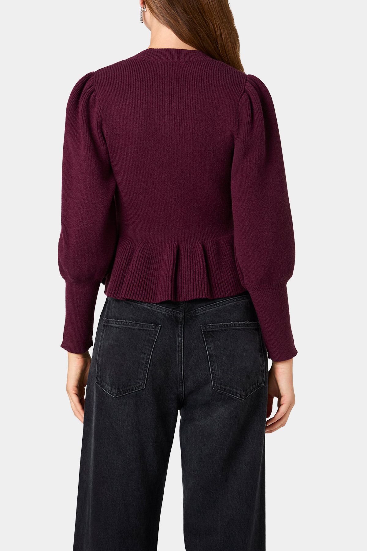 Sloane Knit Balloon Sleeve Peplum Pullover in Black Cherry – back view