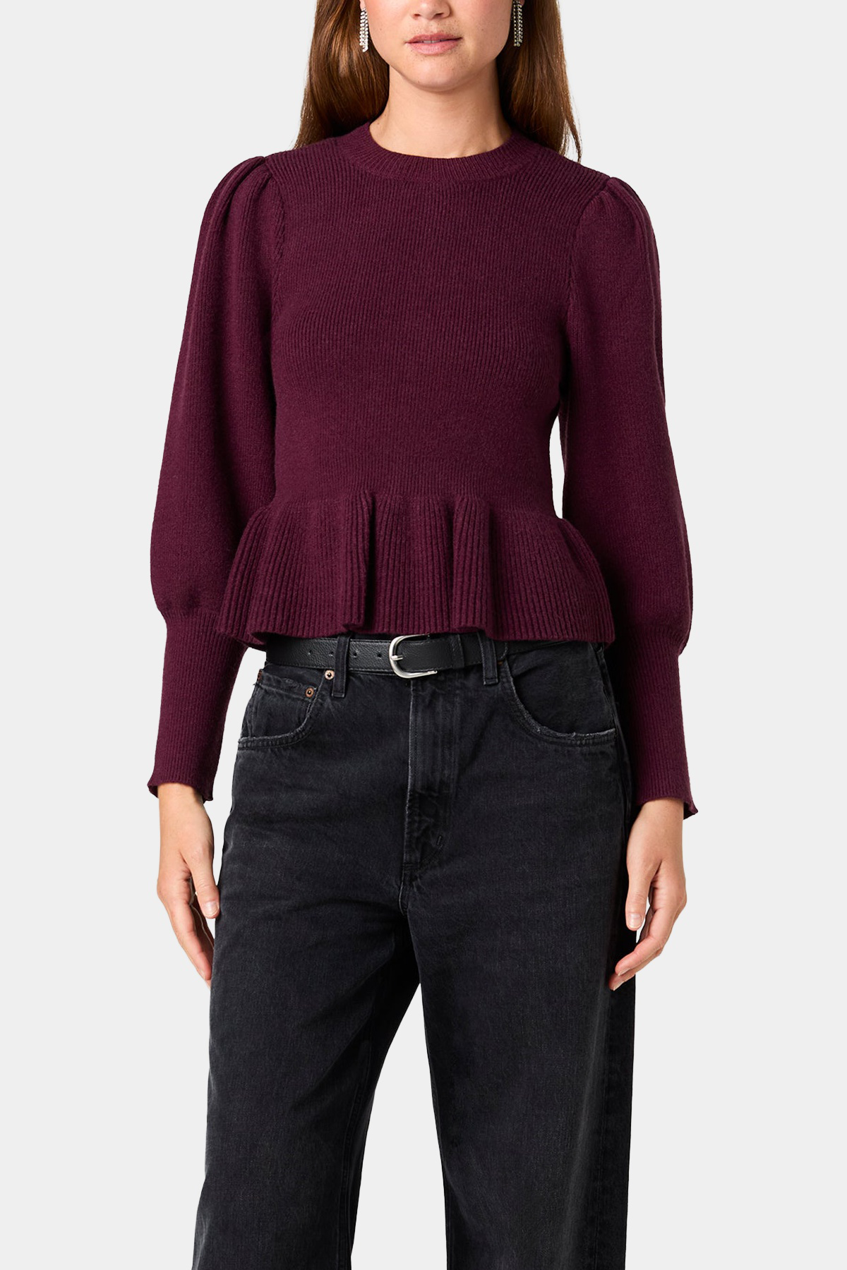 Sloane Knit Balloon Sleeve Peplum Pullover in Black Cherry – front view