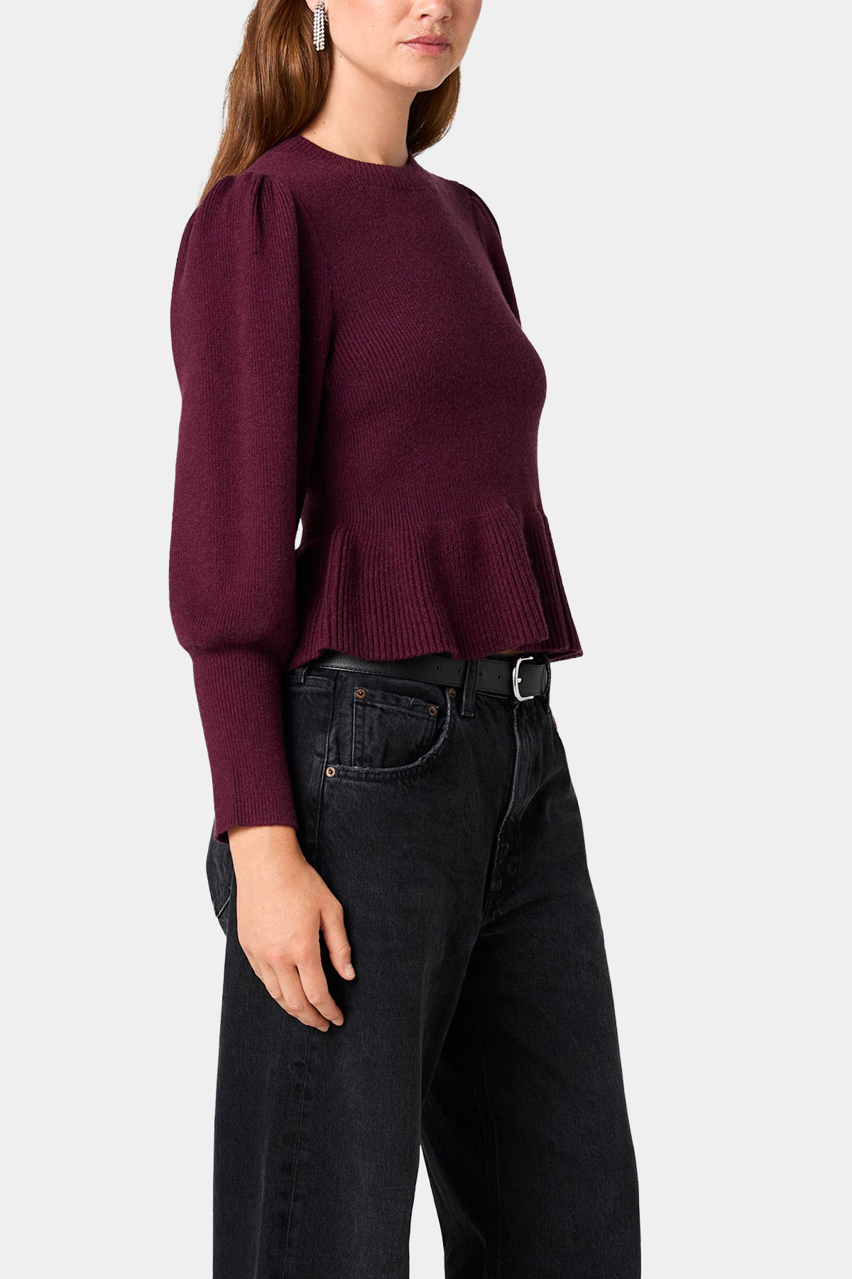 Sloane Knit Balloon Sleeve Peplum Pullover in Black Cherry – side view