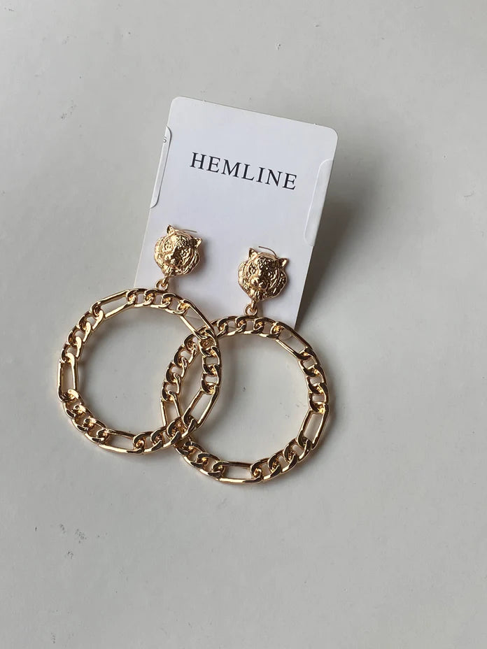 Tiger Head &amp; Chain Circle Earrings