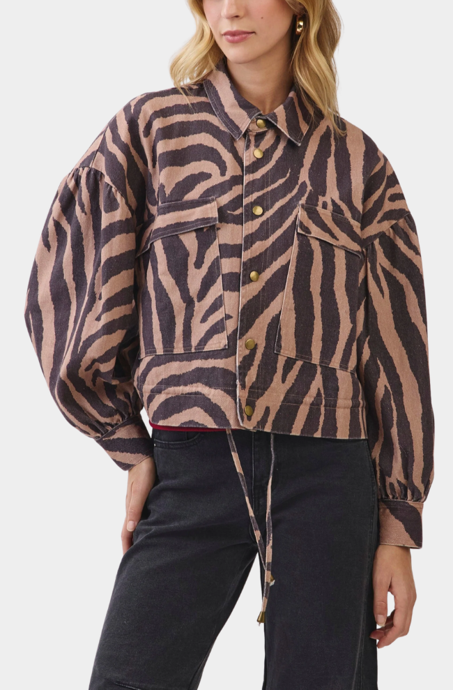 Zebra Print Oversized Chest Pockets Utility Jacket