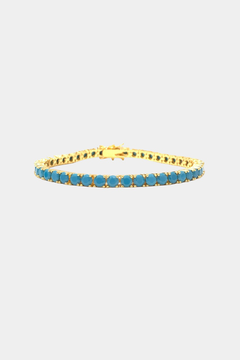 Theia Julia 4mm tennis bracelet in Gold Finish and Turquoise, full bracelet view